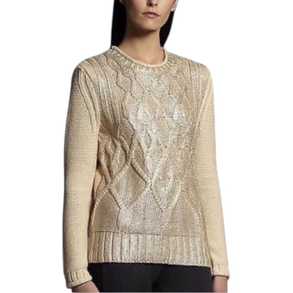 NWT Narciso Rodriguez Gold Beige Cotton Blend Cable Knit Sweater - Size Small - Picture 1 of 15
